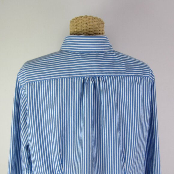 Lands End Women 14 Blue White Stripe Cotton Shirt Blouse Ruffle Nautical Classic - Picture 5 of 10
